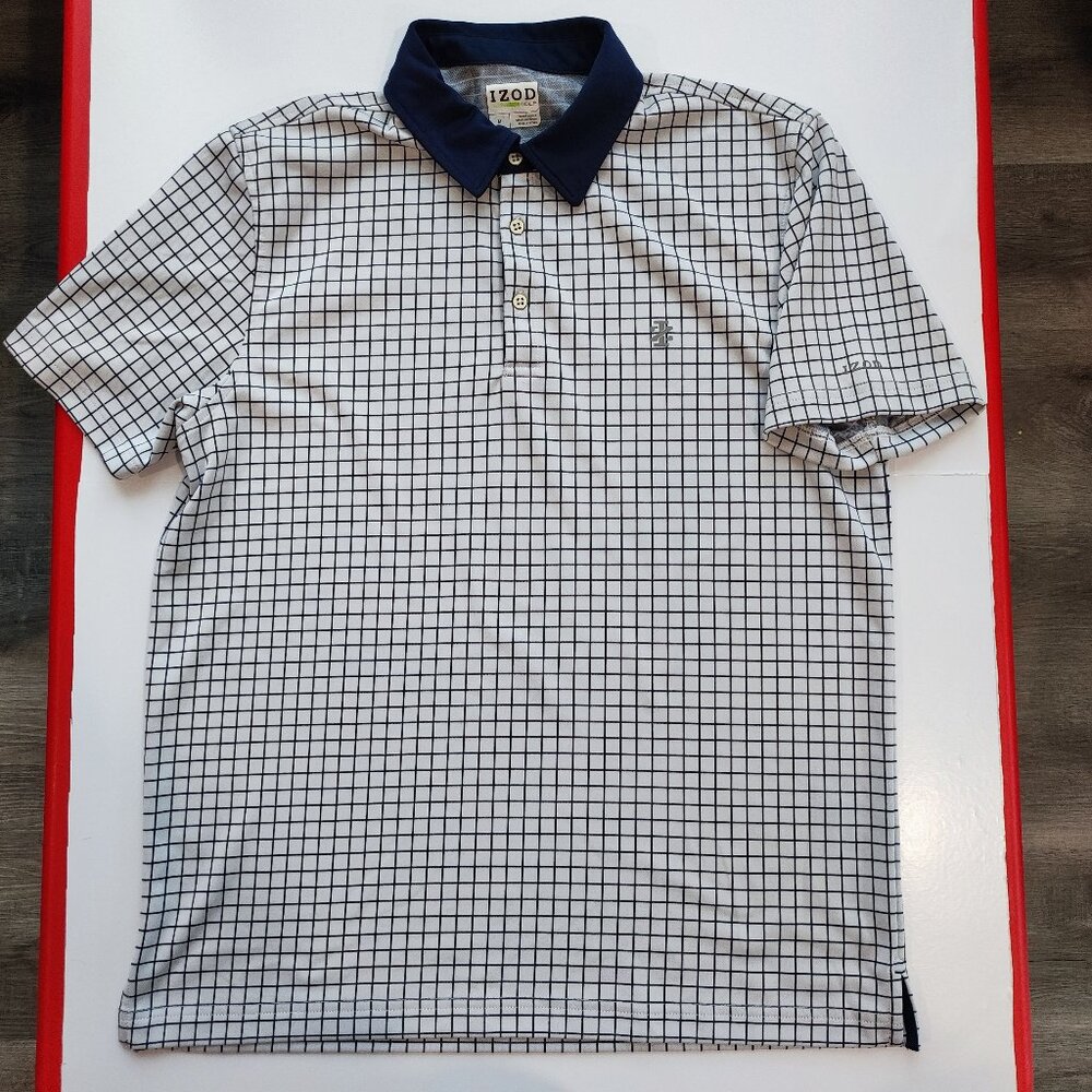 Izod Golf polo shirt active wear white blue checkered men's size M